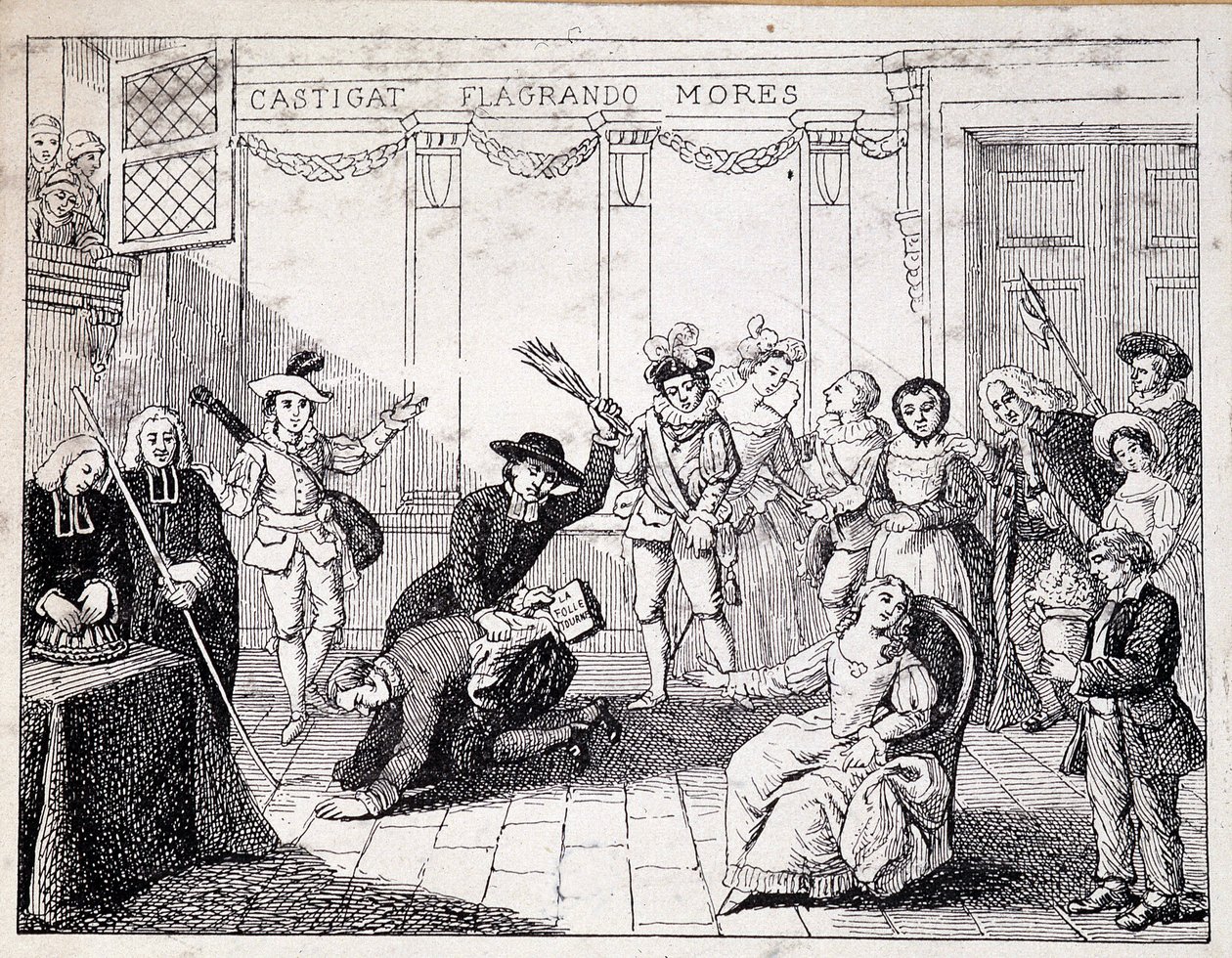 Beaumarchais piskes i Saint Lazare - scene med Beaumarchais, der holder brochuren om Folle journee i hånden - fra ap. maleri af Comedie Francaise, kobberstik af French School