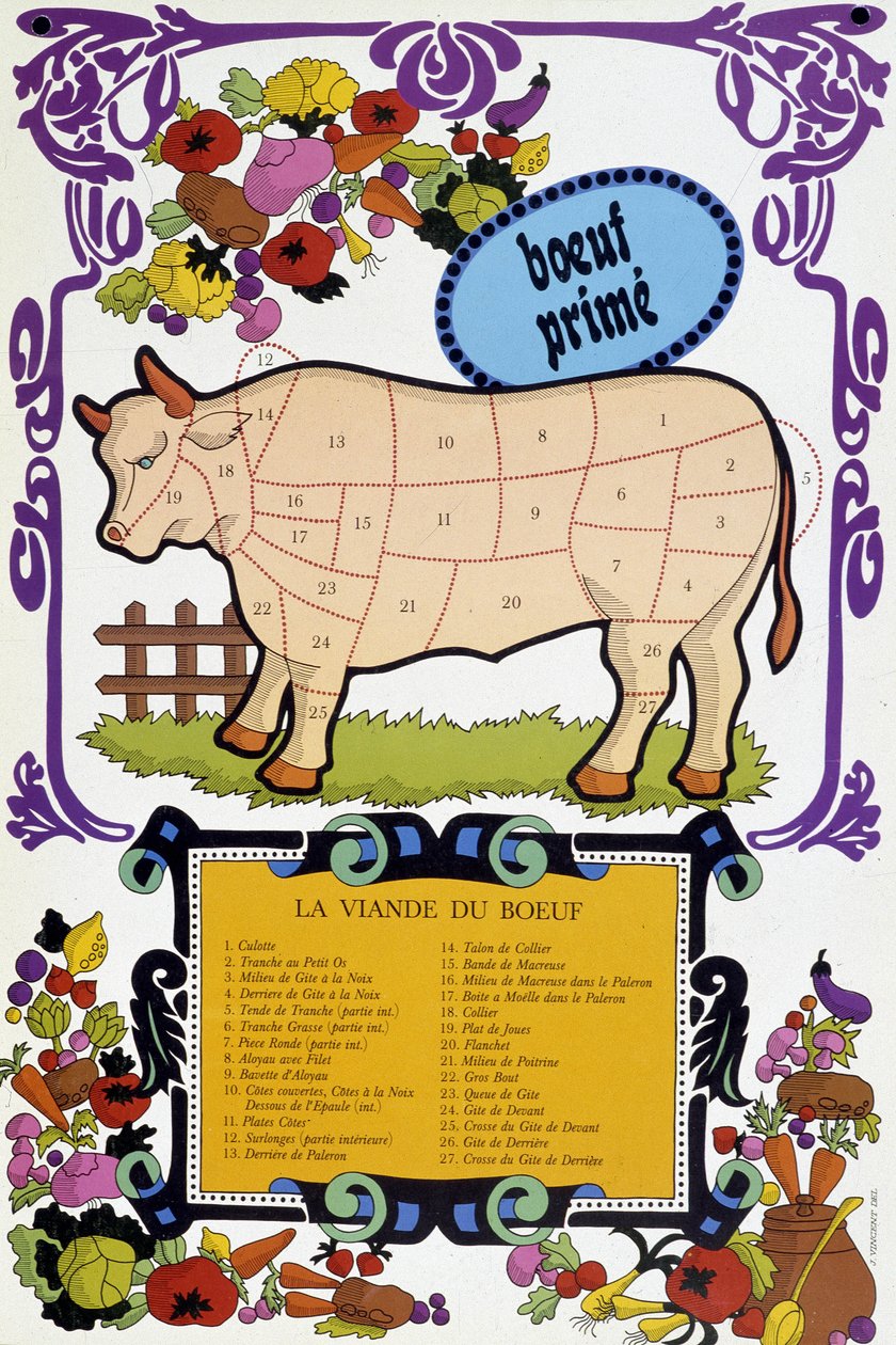 Oksekød og dets stykker - Slagterplakat, 20. århundrede af French School