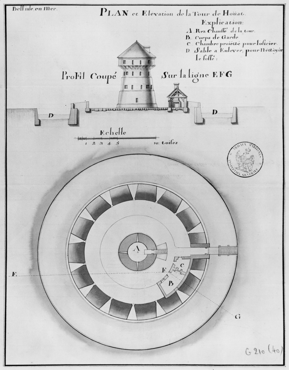 Belle Isle en Mer, plan og forhøjning af Houat-tårnet, 1745 (pen og blæk og w:c på papir) af French School