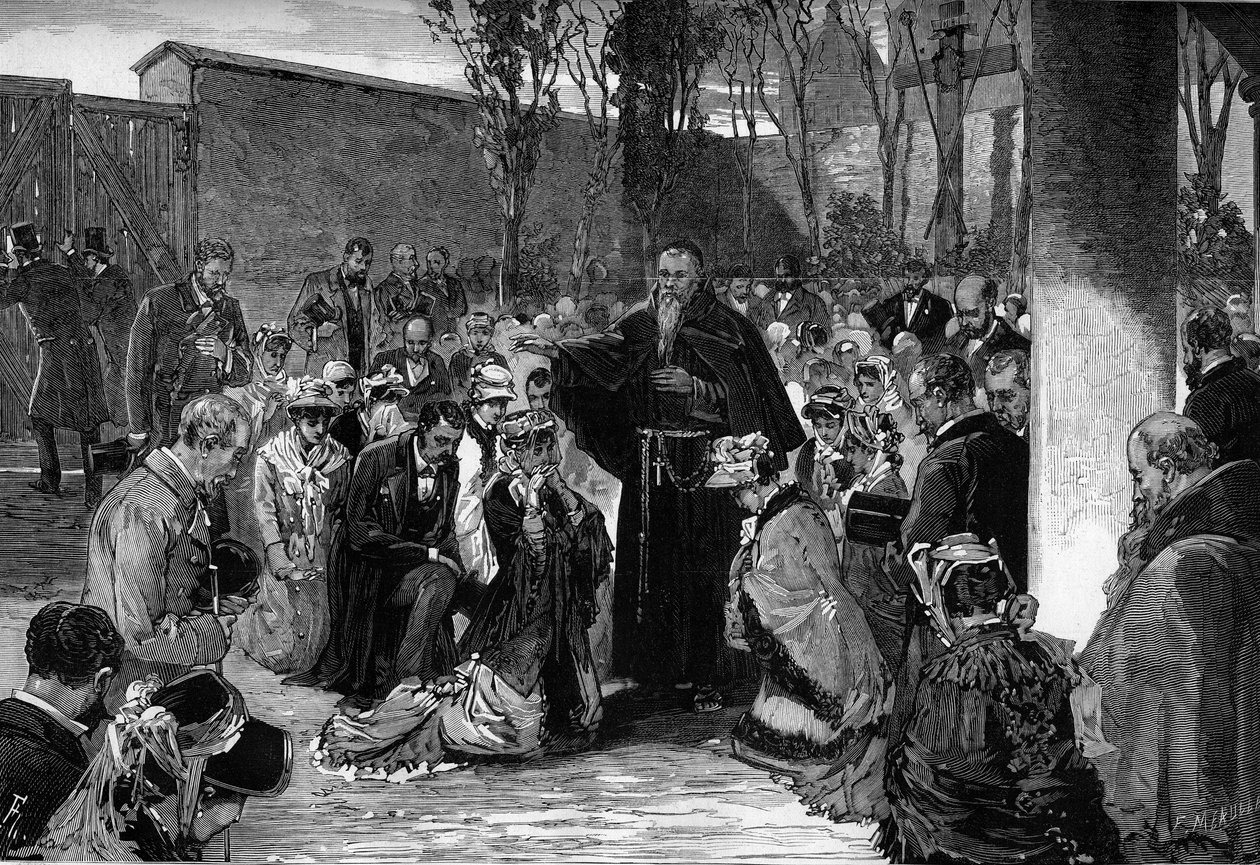 Velsignelse af de troende ved kapucinernes hof i rue de la Sante i Paris den 30. oktober 1880, før deres udvisning efter dekreterne fra marts 1880 udstedt af Jules Ferry, som fjernede retten til at undervise medlemmer af uautoriseret religion af French School
