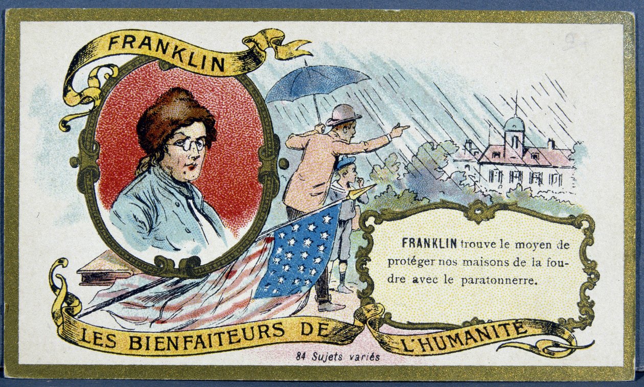 Benjamin Franklin, amerikansk politiker og fysiker (1706-1790) og lynaflederen - chromo., deb. 20. århundrede af French School