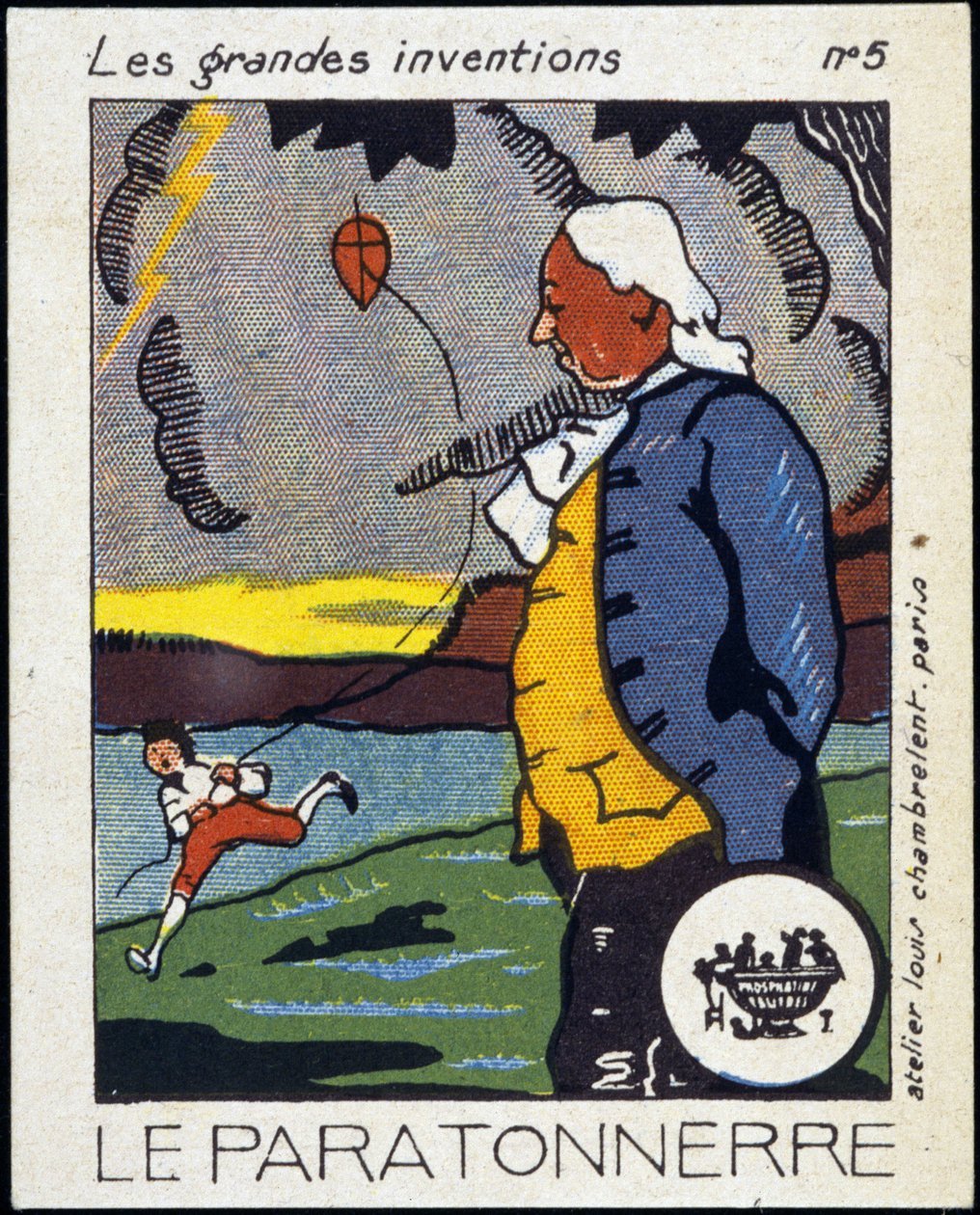 Benjamin Franklin, amerikansk politiker og fysiker (1706-1790) og lynaflederen (dragens oplevelse) - Label, Deb. 20. århundrede af French School
