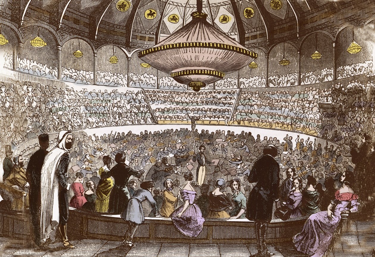 Berlioz dirigerer sin koncert den 19. januar 1845 i Cirque Olympique i Paris - Hector Berlioz (1803-1869), i hallen til det olympiske cirkus på Champs Elysees i Paris af French School