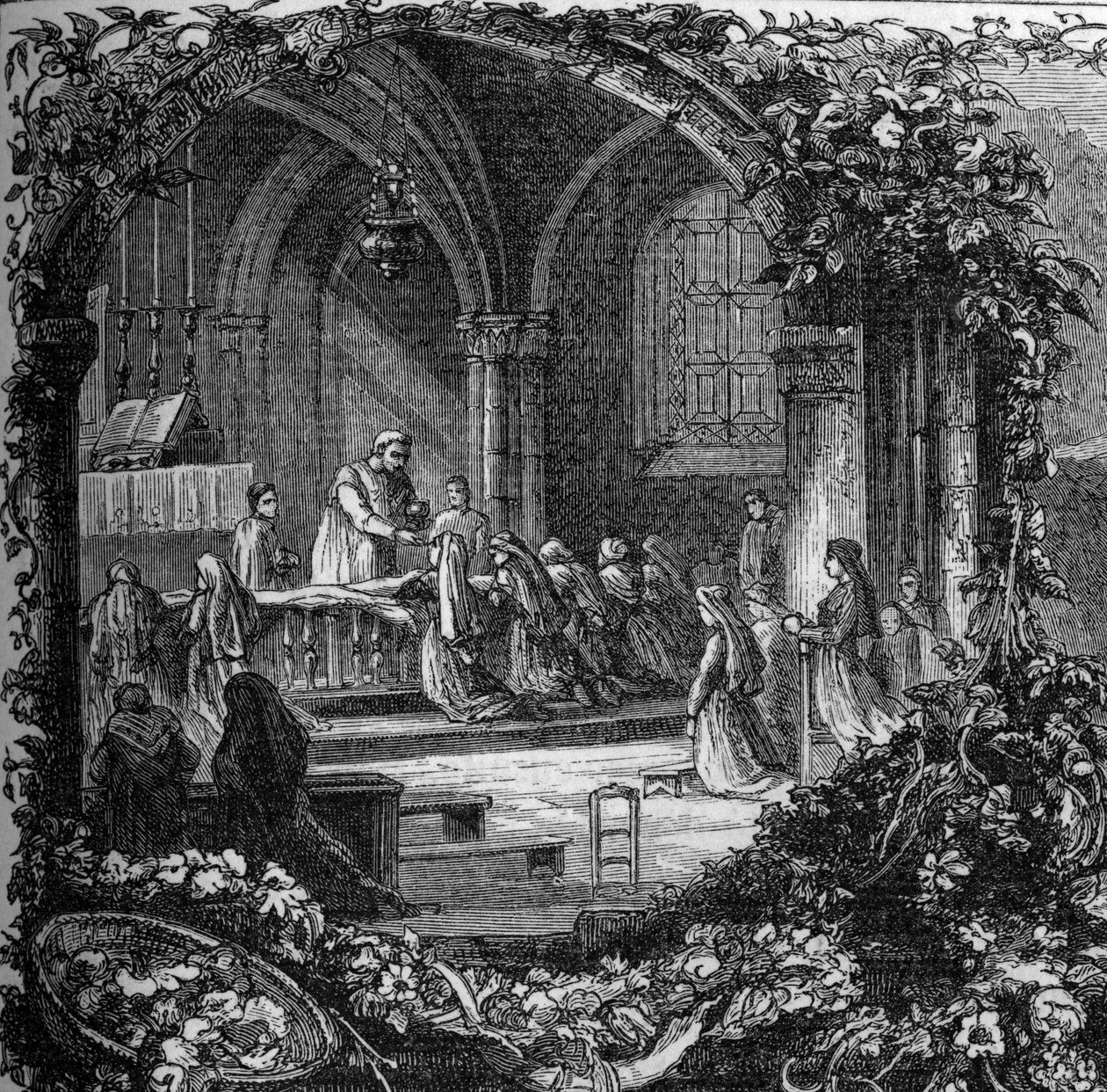 Bernadette Soubirous (1844-1879) under sin første nadver. 1800-tallet (efter 1858). Indgravering i "" Notre Dame de Lourdes"" af Henri Lasserre af French School
