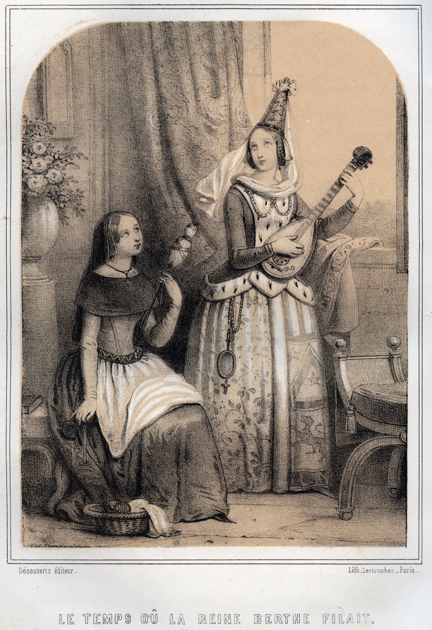 Berthe de Swabia (Bourgogne) kendt som Filandiere eller dronningen spinding (907-966) - indgravering i "" THE SOURIES DE MON ONCLE MEMORIES ET RECITTS DE Voyages" af MORING MICHEL - Slutningen af det 19. århundrede af French School
