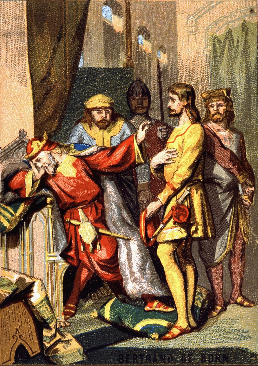 Bertran (Bertrand) de Born (1140 - 1215) troubadour perigordin, herre over Hautefort, før Henrik II (1133 - 1189) af England. Chromolithography of the Series "" Patriotic Education through Image "". af French School