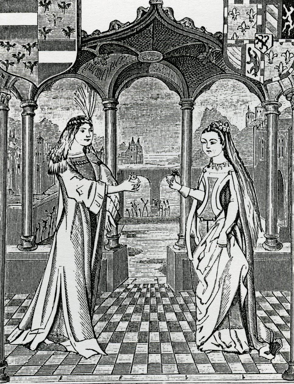 Trolovelse af Maximilian I og Mary, hertuginde af Bourgogne i 1477, efter et billede i Chroniques de Flandre af French School
