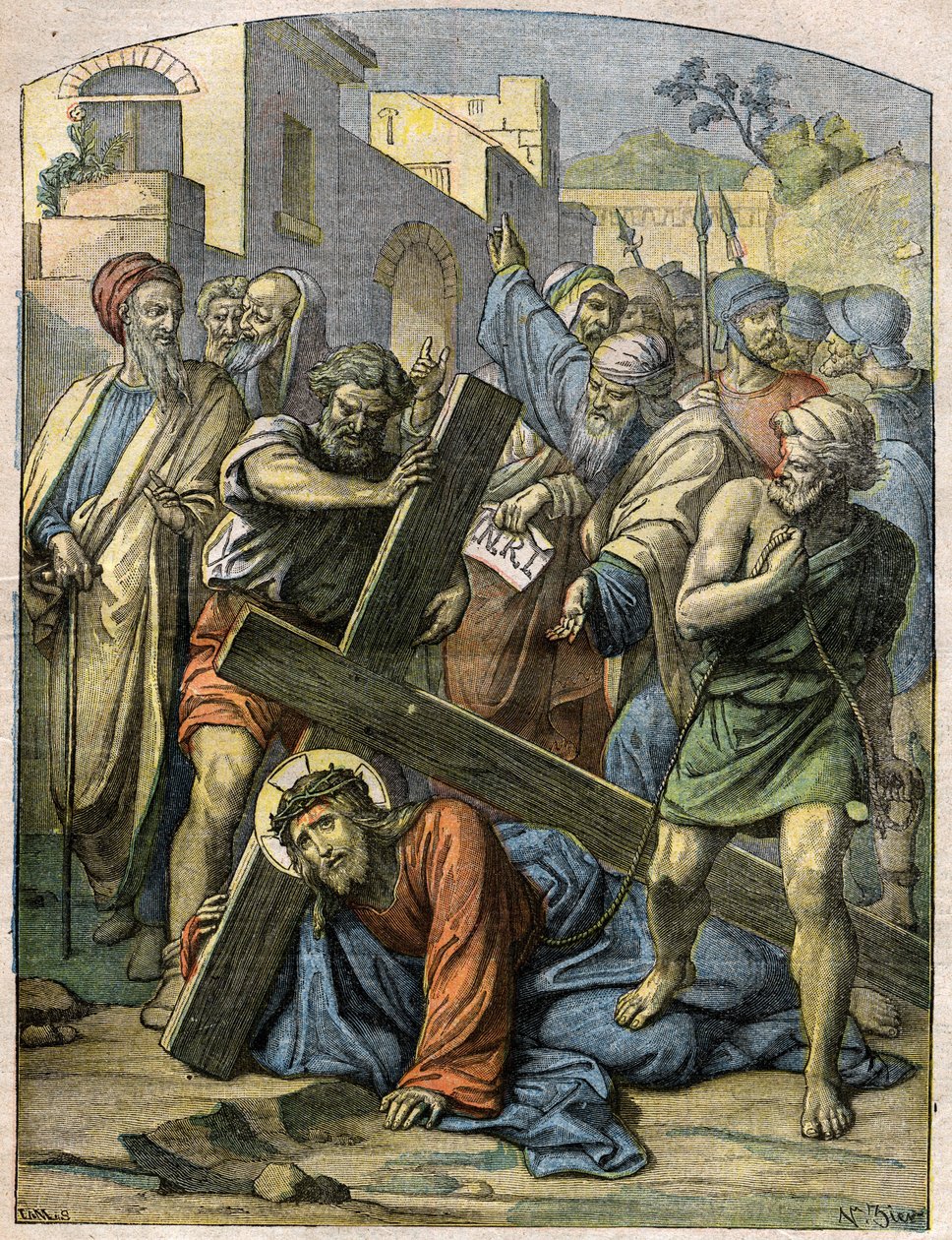Bibelscene - Korsvejen: Jesus falder for anden gang. Indgravering i "" Le Pelerin"" af 29. november af French School