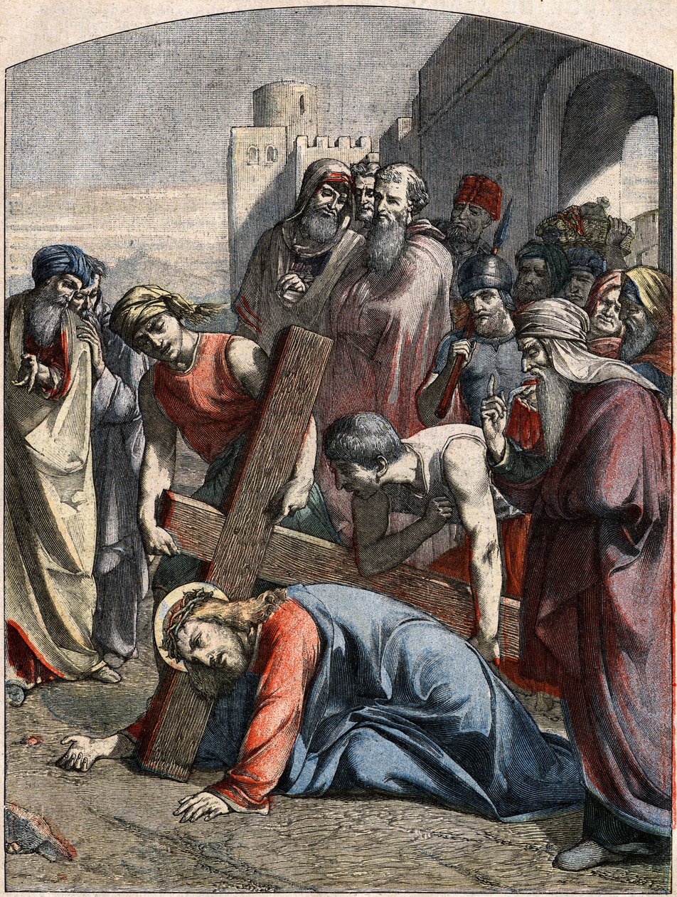 Bibelscene - Korsvejen: Jesus falder for første gang. Indgravering i "" Le Pelerin"" af 3. maj af French School