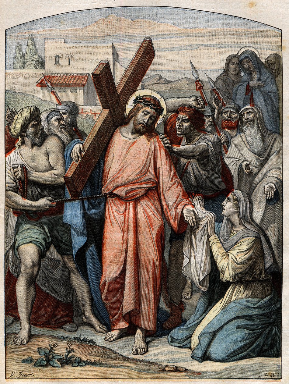 Bibelscene - Korsvejen: Jesus får tørret sit ansigt af St. Veronica. Indgravering i "" Le Pelerin"" af 20. september 1896. af French School