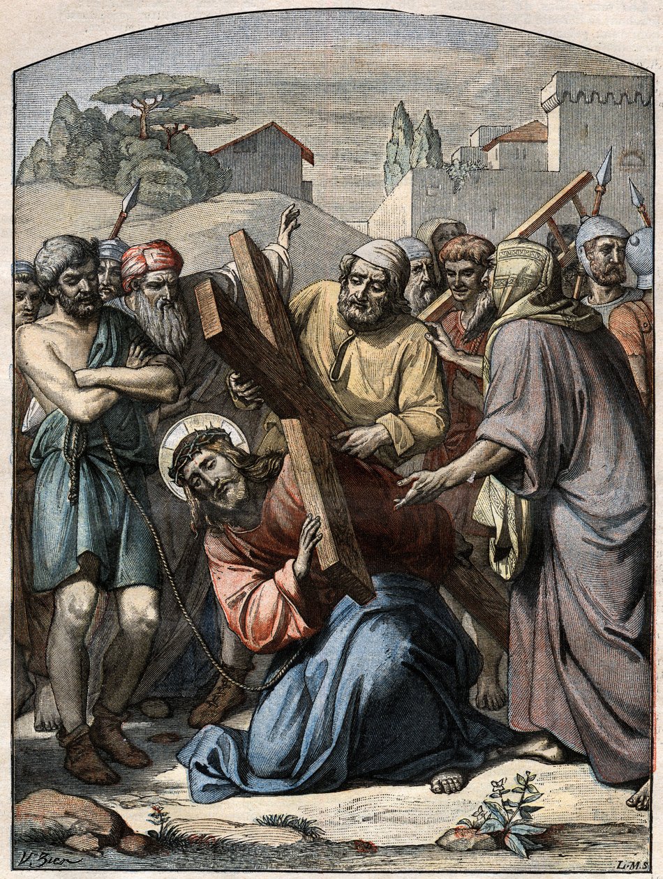 Bibelscene - Korsvejen: Jesus hjælper af Simon af Kyrene (kyrenæeren). Indgravering i "" Le Pelerin"" af 13. september 1896. af French School