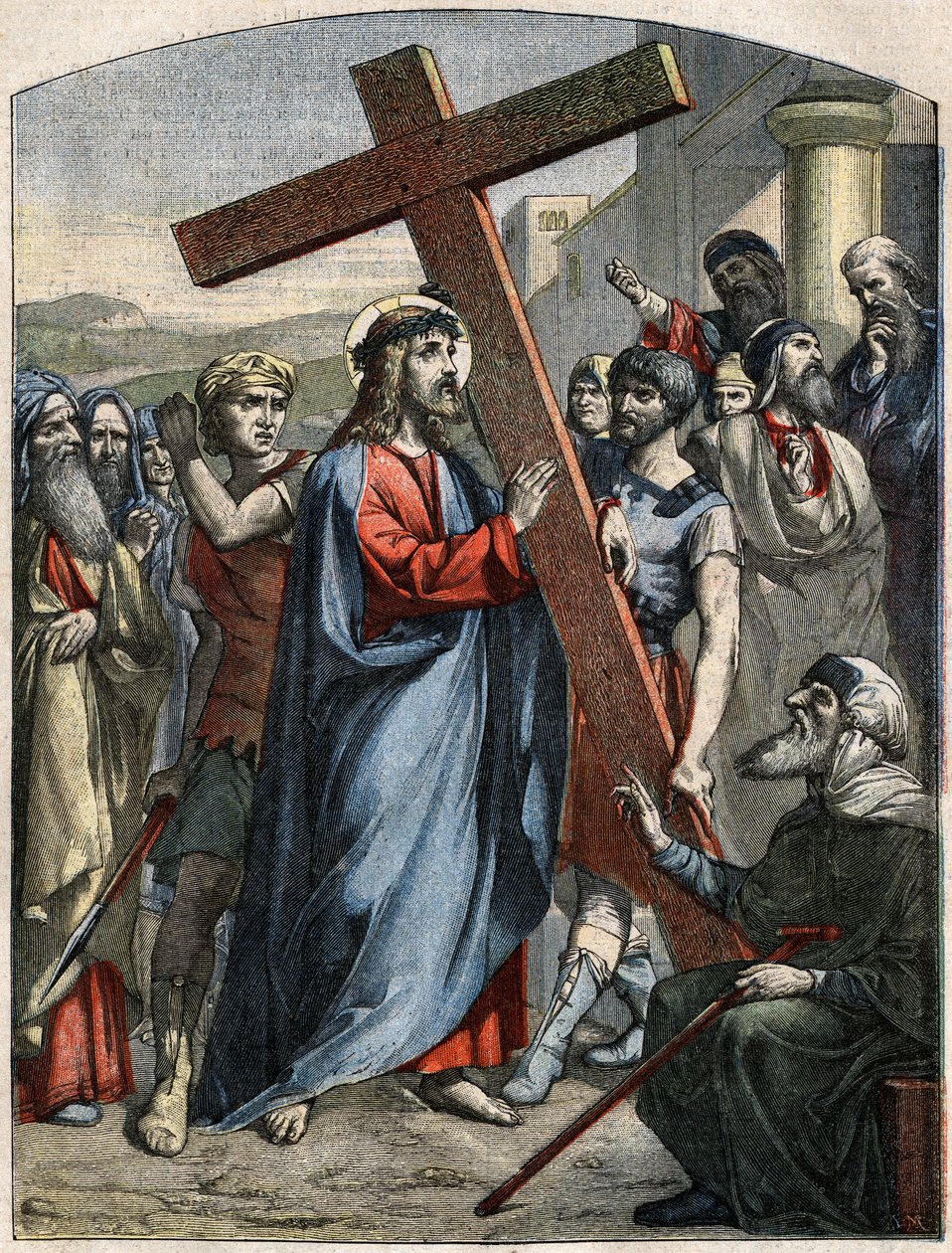 Bibelscene - Korsvejen: Jesus er korsets byrde. Indgravering i "" Le Pelerin"" af 3. maj af French School