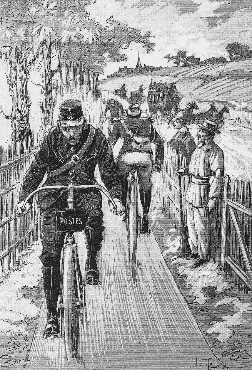 Cykelsti for faktorer: Hurtig projektbane af M. Berruyer - i "Teoretisk og praktisk cykling"" de l. Baudry de saunier, gravering, Bibl. de la ville de Paris. af French School