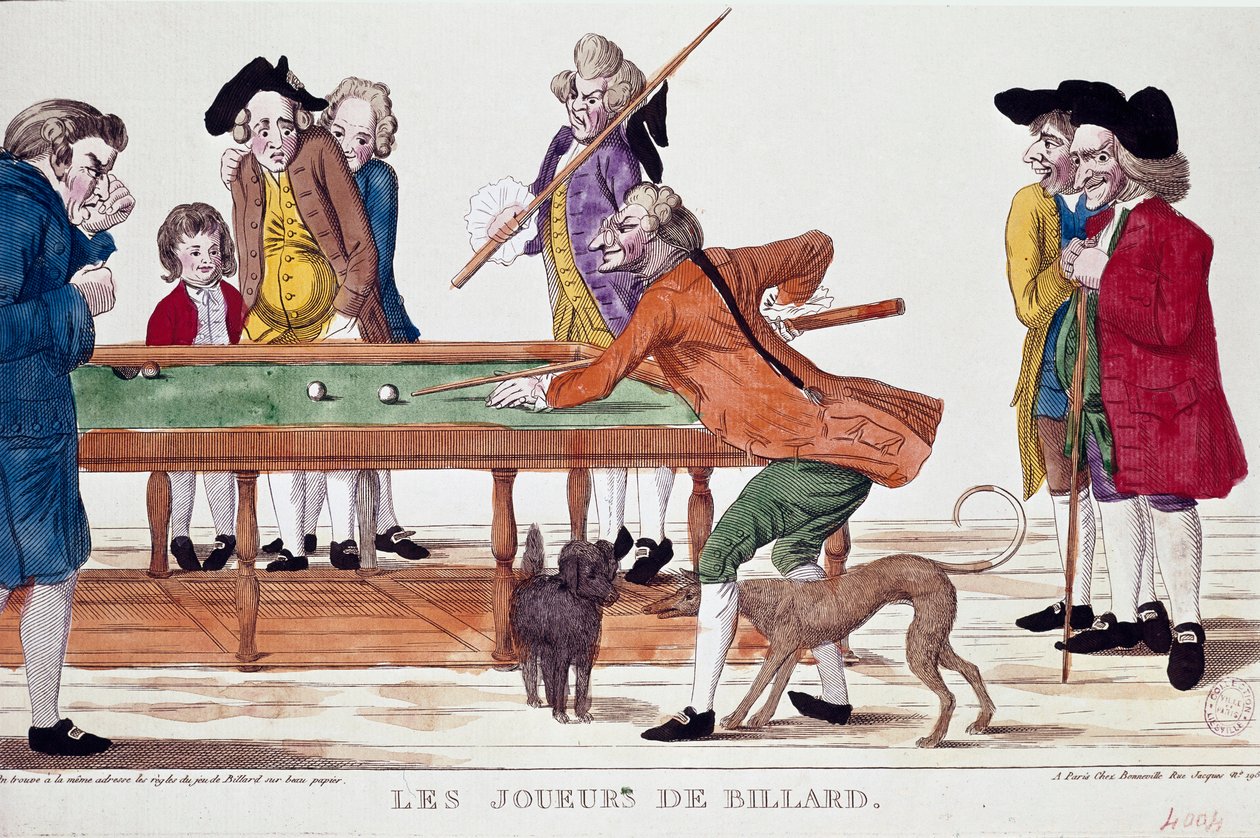 Billardspillere (årets termidor 8 i den revolutionære kalender) (1800). Tegneserie. Farvegravering af den franske skole i den revolutionære periode. Paris, Musée Carnavalet af French School