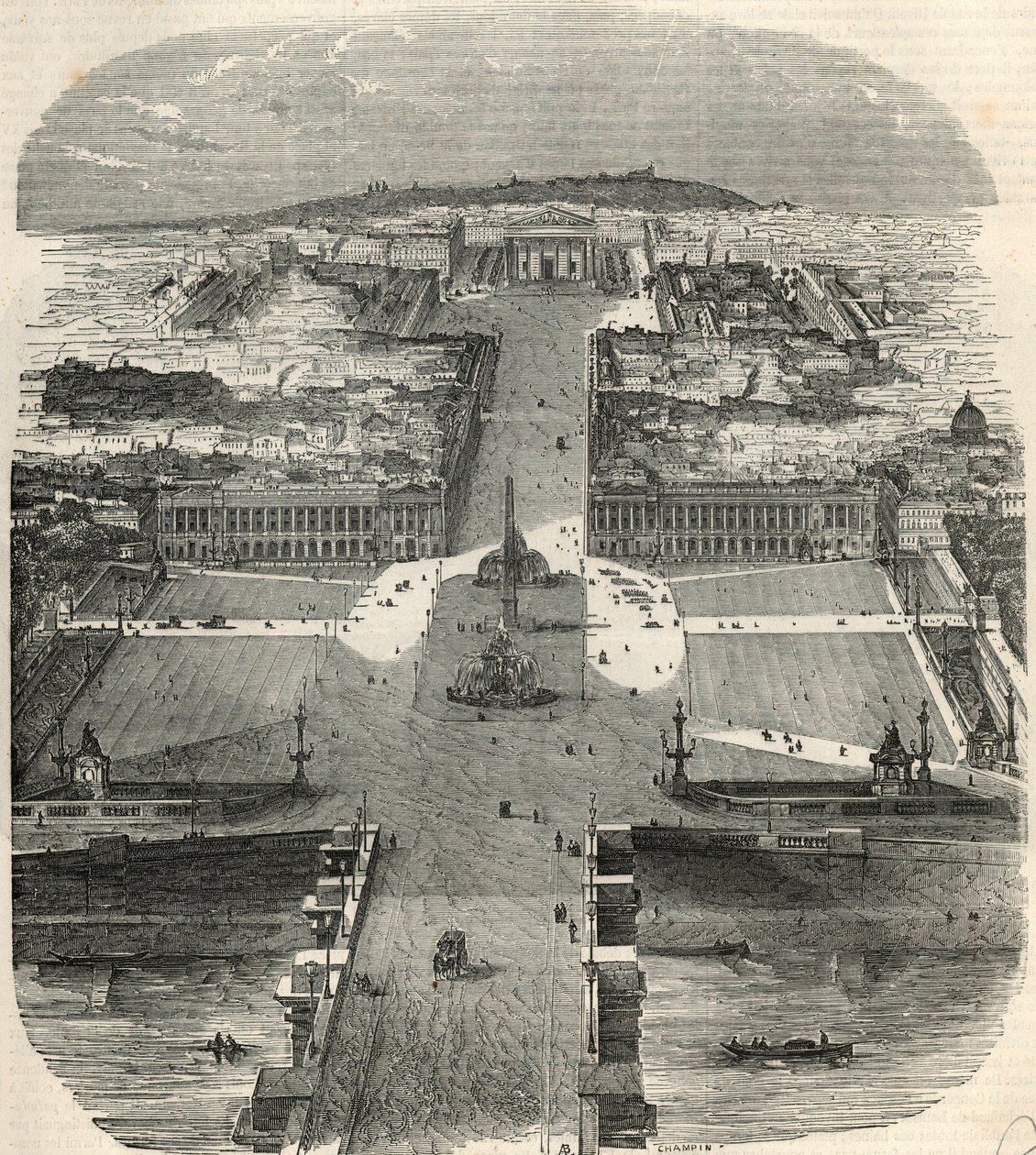 Fuglebillede af Place de la Concorde, rue Royale med kirken Madeleine - Indgravering i "Tableau-de-Paris" af Edmond Texier 1852 af French School