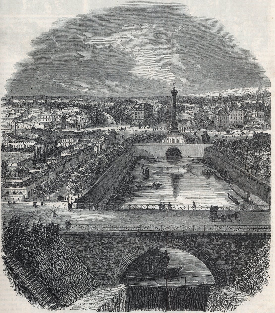 Fugleudsigt over Canal Saint-Martin (Saint Martin), Place og Bastille-distriktet, taget fra højre bred af Seinen - Indgravering i "Tableau-de-Paris" af Edmond Texier 1852 af French School