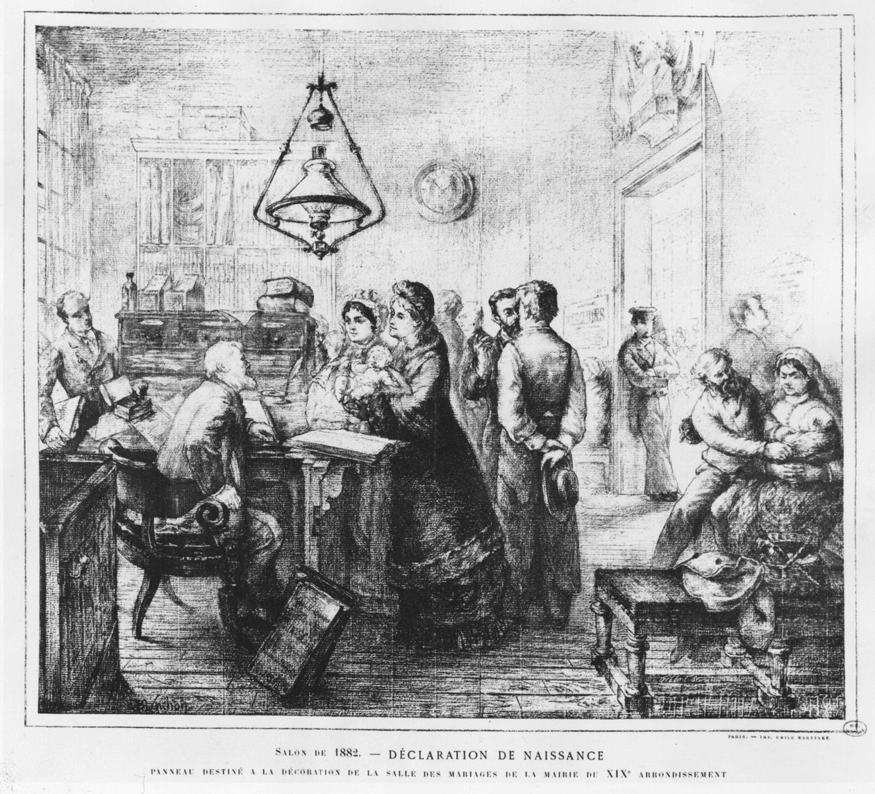 Fødselserklæring - tegning af H.E Blanchon, i "La vie moderne"" af French School