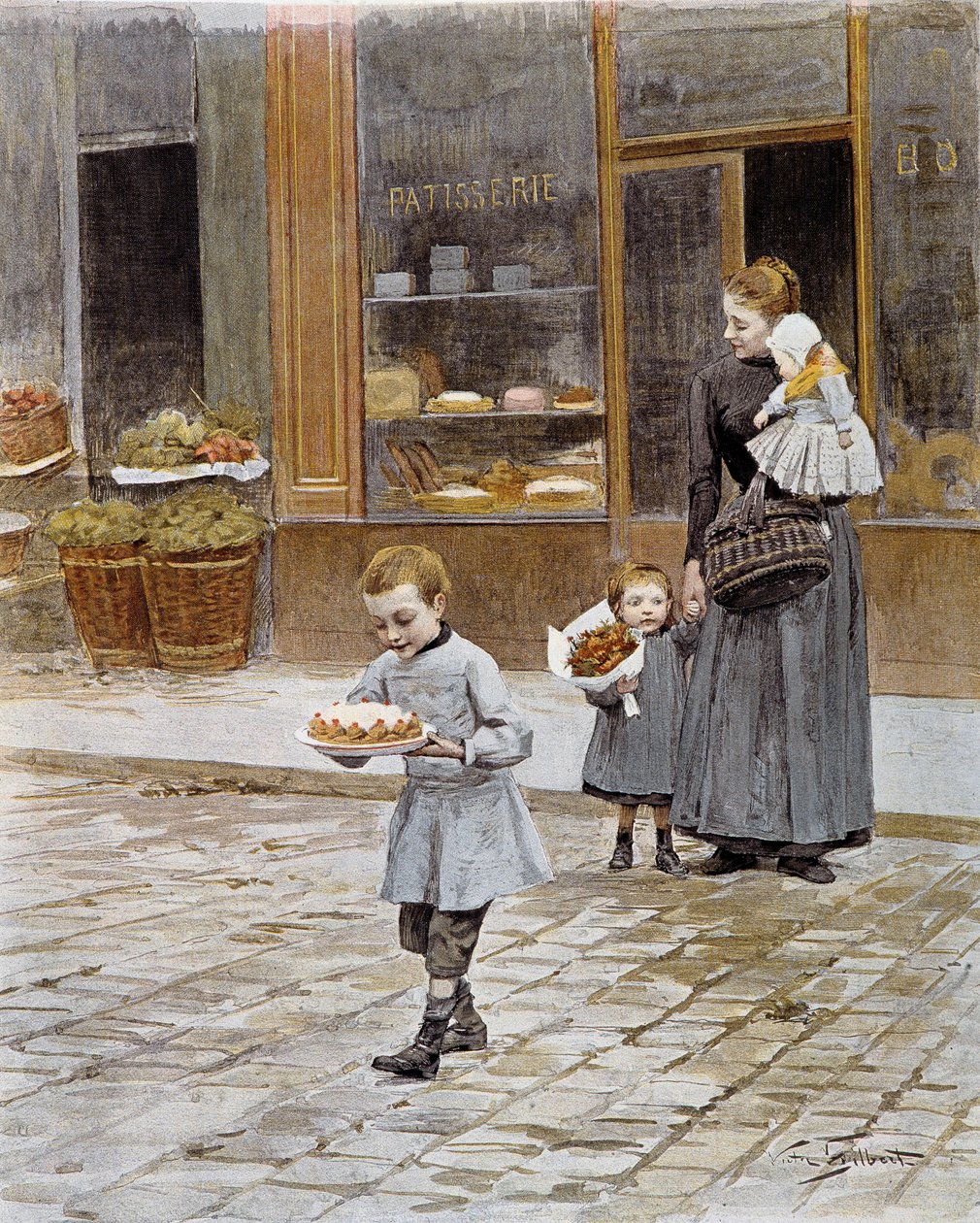 Fødselsdag En lille dreng kommer ud af et konditori med sin kage i hænderne. Litografi af det 19. århundredes Paris, dekorativ kunst af French School