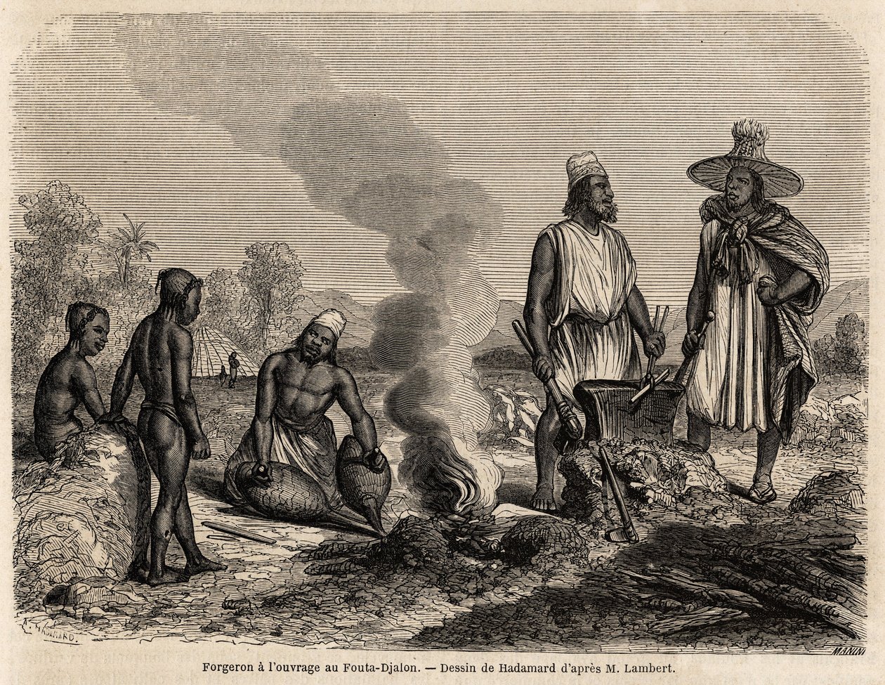 Smed har arbejdet i Fouta Djalon (Senegal), tegning af Hadamard, for at illustrere løjtnant Lamberts rejse til Fouta Djalon i 1860. Indgravering i "" Le tour du monde"" 1861. Selvas samling. af French School