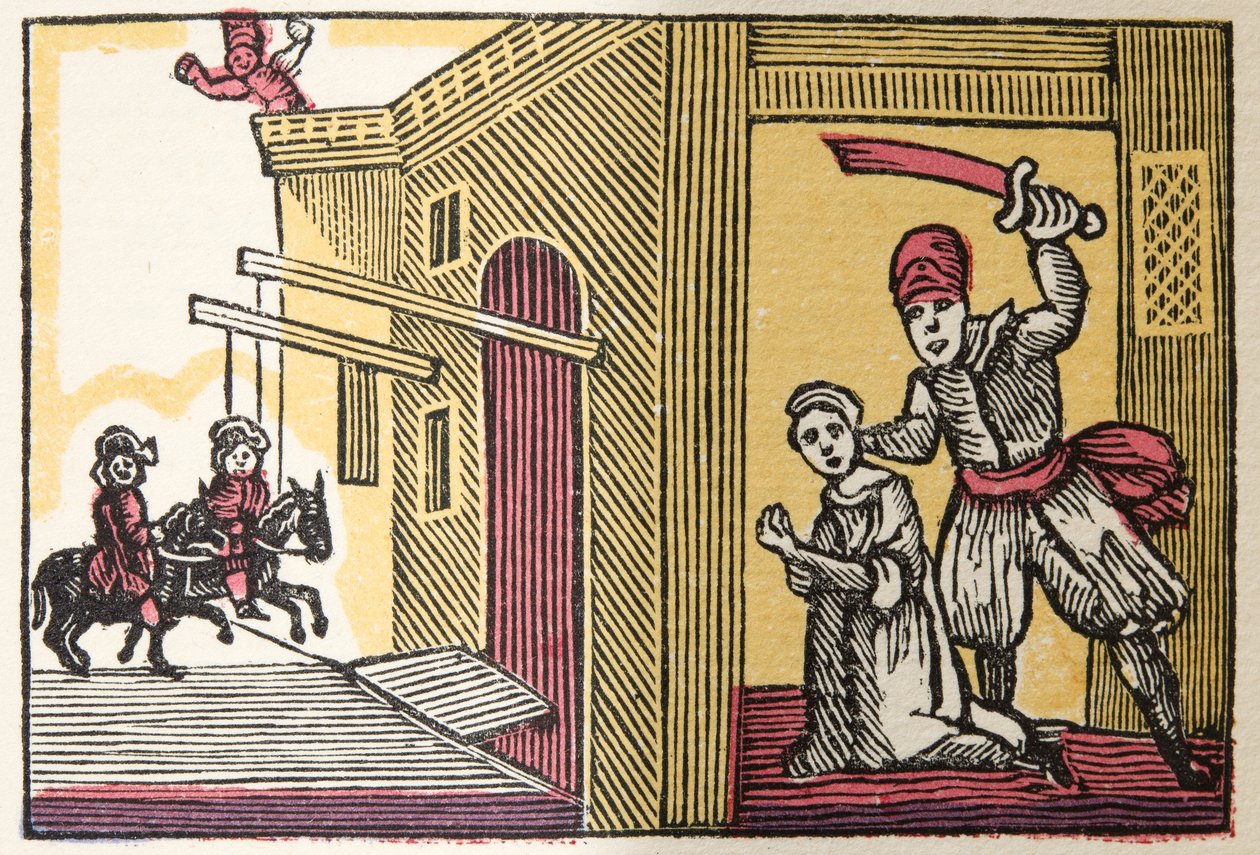 Blåskæg fra Histories or Tales of Past Times told by Mother Goose, With Morals, af M Perrault, pub. 1925 (håndkoloreret træsnit) af French School
