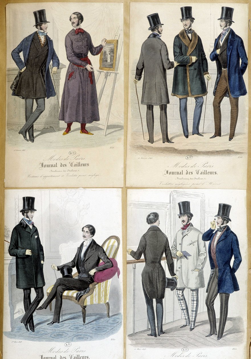 Tavler, der illustrerer herremode fra "Journal des tailors"" fra 1848. af French School