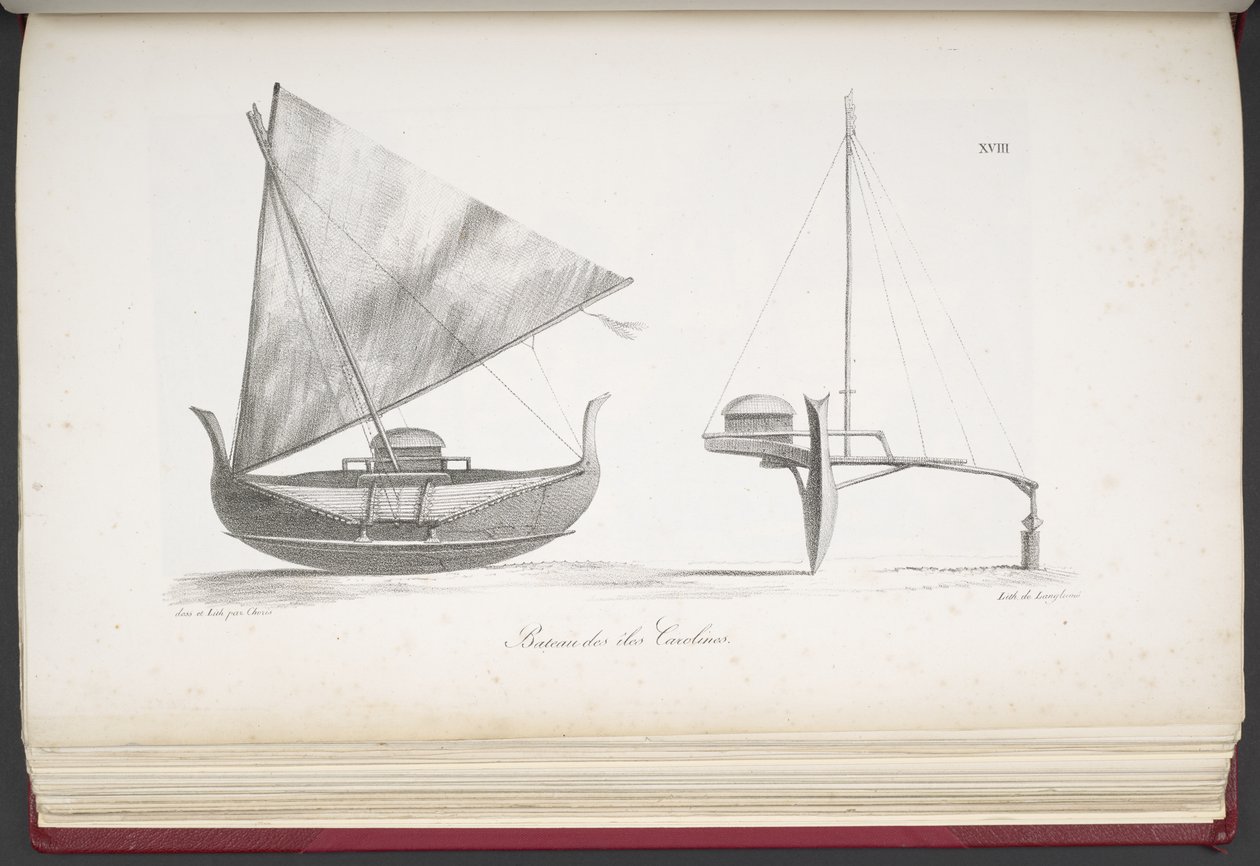 Båd fra Caroline Islands, fra A Picturesque Voyage Round the World, med Portrætter af Vilde fra Amerika, Asien, Afrika og Øerne i Det Store Ocean; landskaber, havudsigt og flere naturhistoriske genstande; sammen med af French School