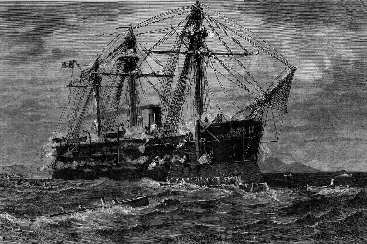 Bådskib angrebet af torpedobåde (1800-tallet). Indgravering efter maleriet af Pierre Emile de Crisenoy (1800-tallet) i "" The Illustrous World"" nr. 1220 af 14. august af French School