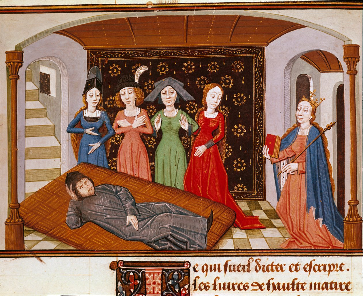 Boece (Boetius) omgiver Filosofi og Muser. Miniature taget fra "The Consolation of Philosophy"" (Consolation of Philosophy) af Boece (eller Anicius Manlius Torquatus Severinus Boetius eller Boethius) oversat af John of Meung (1240-1305). Rouen. Kommunal af French School