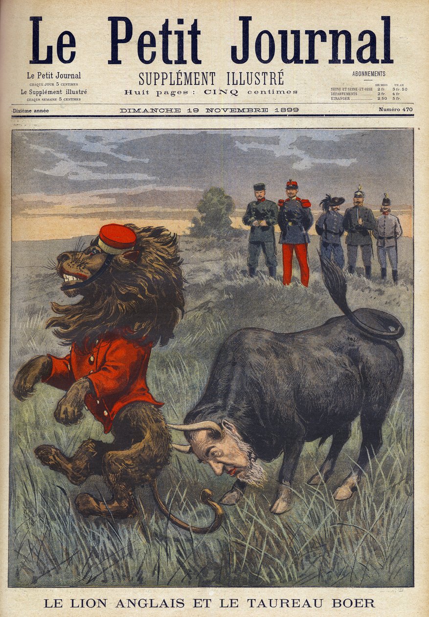 Boer War - The English Lion and the Boer Bull - Afrikanertyren, med hovedet af Paul Krueger, angriber den britiske løve. Engelsk tegneserie fra november 1899-udgaven af 