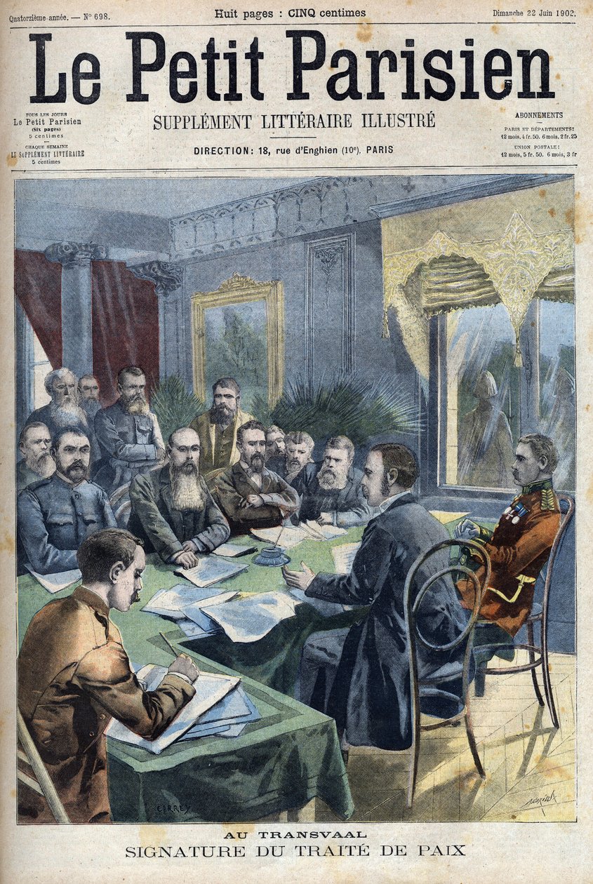 Boer krig. Underskrivelsen af Transvaals fredstraktat mellem boerhøvdinge og den britiske general Horatio Herbert Kitchener (1850-1916) i Pretoria, Sydafrika. Gravering i "" Le Petit Parisien"" af French School