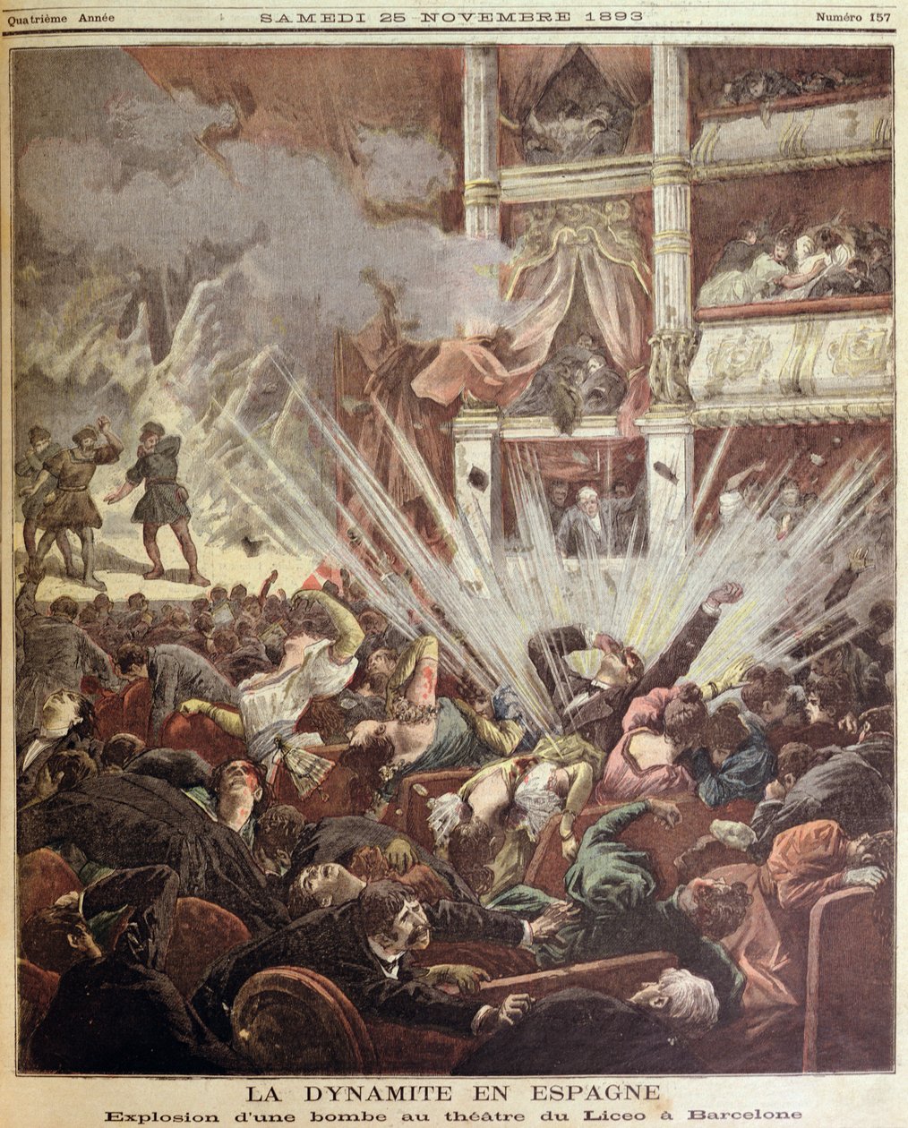 Bombeeksplosion i Liceu Theatre, Barcelona, illustration fra Le Petit Journal, 25. november 1893 af French School