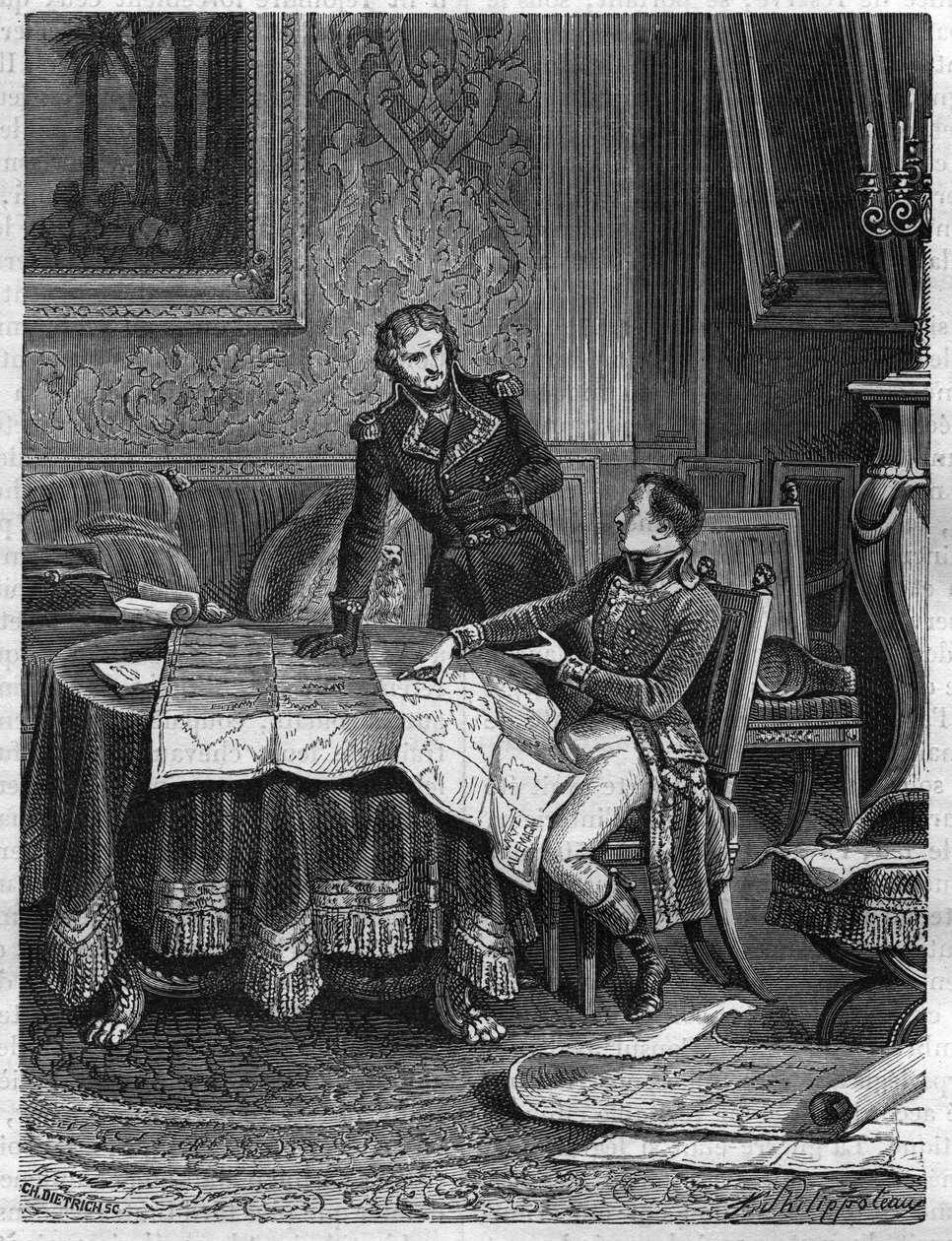 Bonaparte (1769-1821) viser til general Jean Joseph Dessolles (Jean-Joseph Dessoles) (1767-1828) en kampagneplan for Armee of the Rhine, marts 1800 - Indgravering af 1865 i "Histoire du Consulate et de l