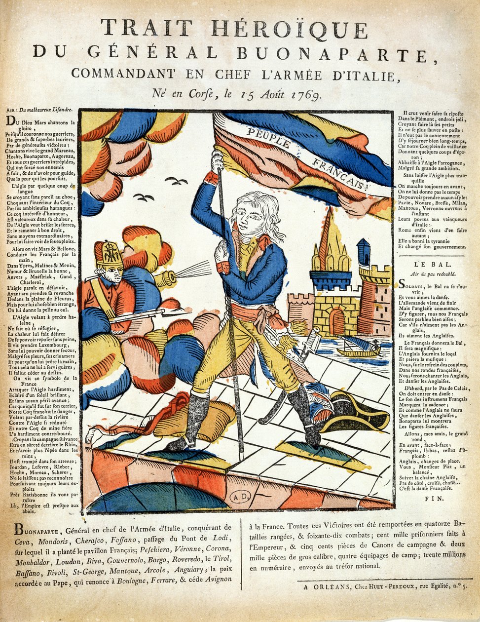 Bonaparte (1769-1821) planter det franske flag på Lodi-broen, den 10. maj 1796 fra LImagerie Populaire af P.L.Duchartre og R. Saulmier af French School