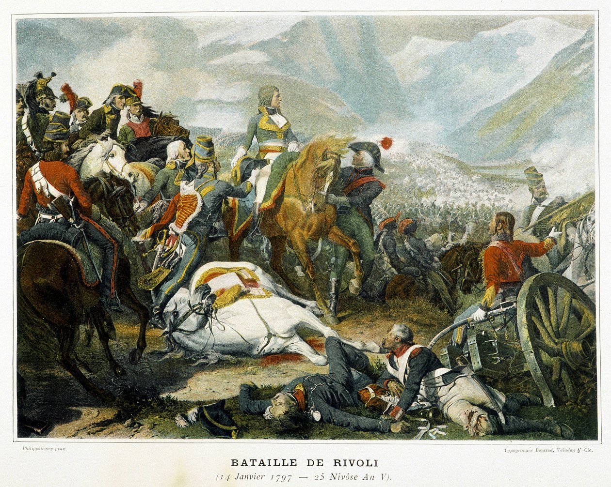 Bonaparte (i midten), efter sin sejr over østrigerne i slaget ved Rivoli (Italien) den 14. januar af French School