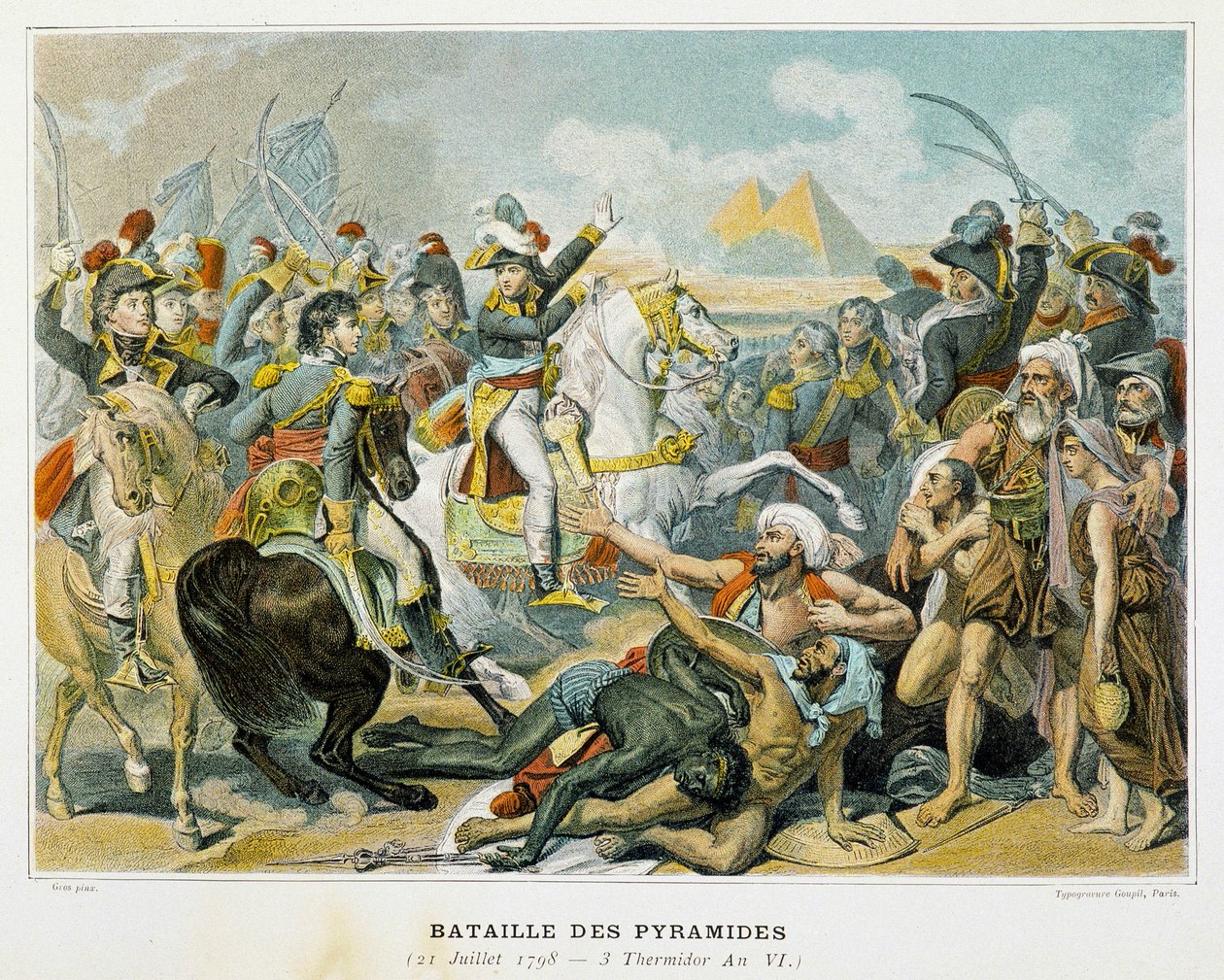 Bonaparte (i midten) og hans tropper under slaget ved pyramiderne den 21. juli 1798. af French School