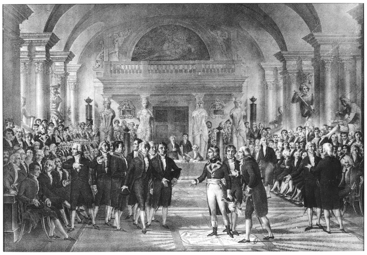 Bonaparte, første konsul (1769-1821) Besøger medlemmerne af Academie des Sciences på Louvre, begyndelsen af det 19. århundrede af French School
