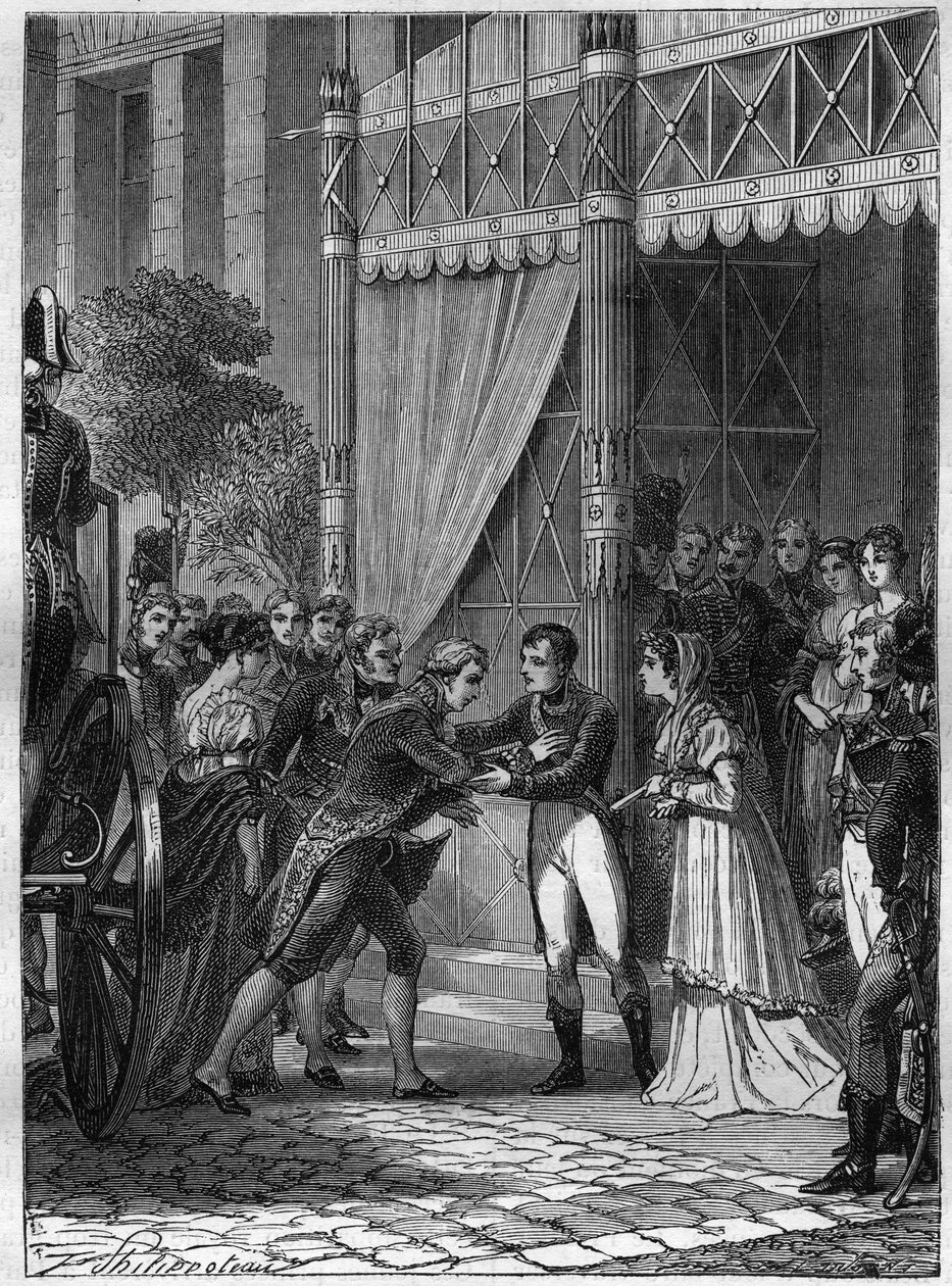 Bonaparte og Josephine de Beauharnais modtager den unge konge af Etrurien, Louis I (Louis I af Bourbon eller Ludovico I af Borbone) (1773-1803), ledsaget af sin kone, Marie Louise (Marie Louise) af Bourbon (1782-1824) i deres hus i Malmaison i juli 180 af French School