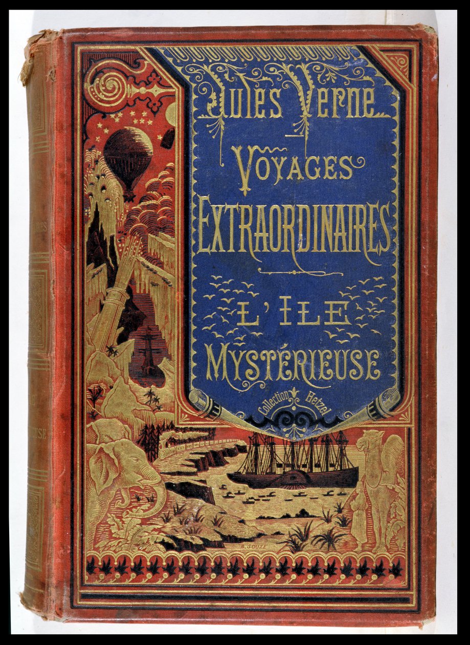 Bogomslag af The Mysterious Island af Jules Verne (1828-1905), udgaver Hetzel 1875 af French School