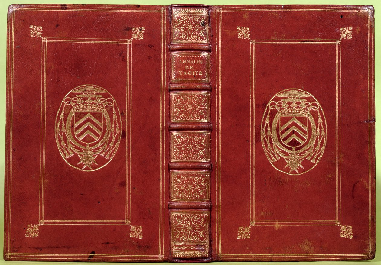 Bogomslag af Annals of Tacitus med våbenskjold af Armand-Jean du Plessis, kardinal Richelieu (1585-1642) (rødt læder og guld) af French School