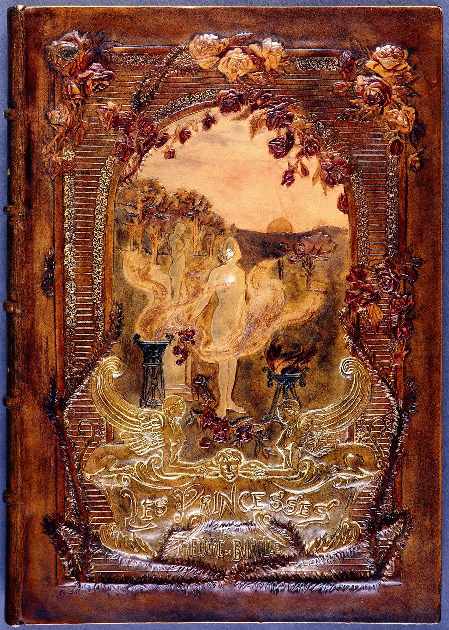 Bogomslag, der viser en nøgen kvinde, der strøer roser i et landskab, 1904 af French School