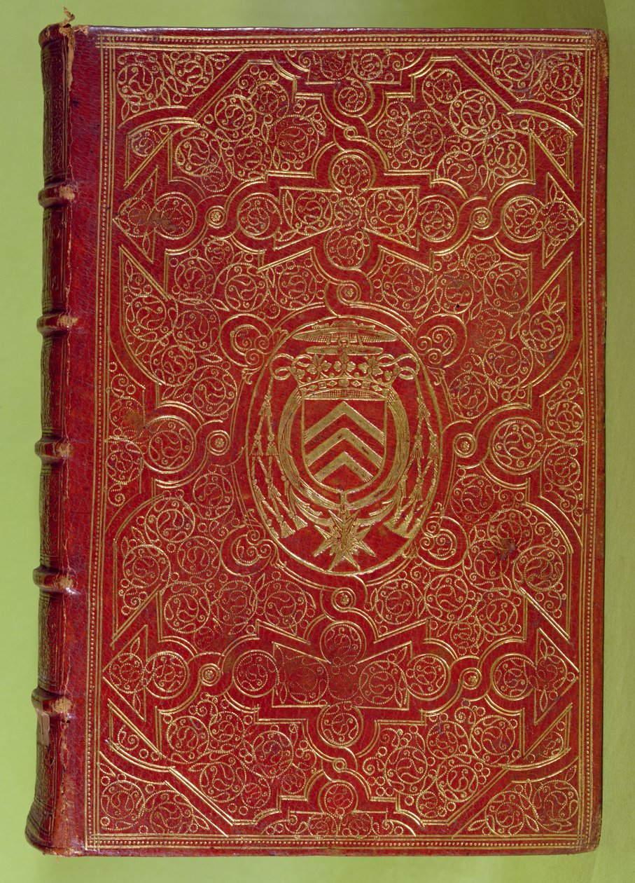 Bogomslag med våbenskjold af Armand-Jean du Plessis, kardinal Richelieu (1585-1642) (rødt læder og guld) af French School