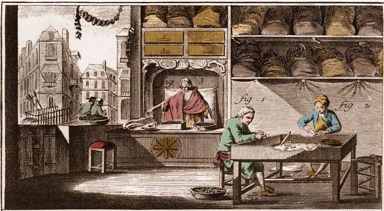 Bouchonnier, fremstilling af korkpropper - "" La Grande Encyclopédie, ou Dictionnaire Raisonne des Sciences, des Arts et des Metiers" (Encyclopedia or Dictionary of the Sciences, Arts and Professions) af Denis Diderot (1713-1784) og Jean d
