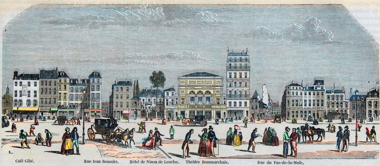 Boulevard Beaumarchais sydside - Cafe Gibe - Hotel de Ninon de Laclos - Teater Beaumarchais - Rue pas de la mule - Indgravering i "Tableau-de-Paris" af Edmond Texier 1852 af French School