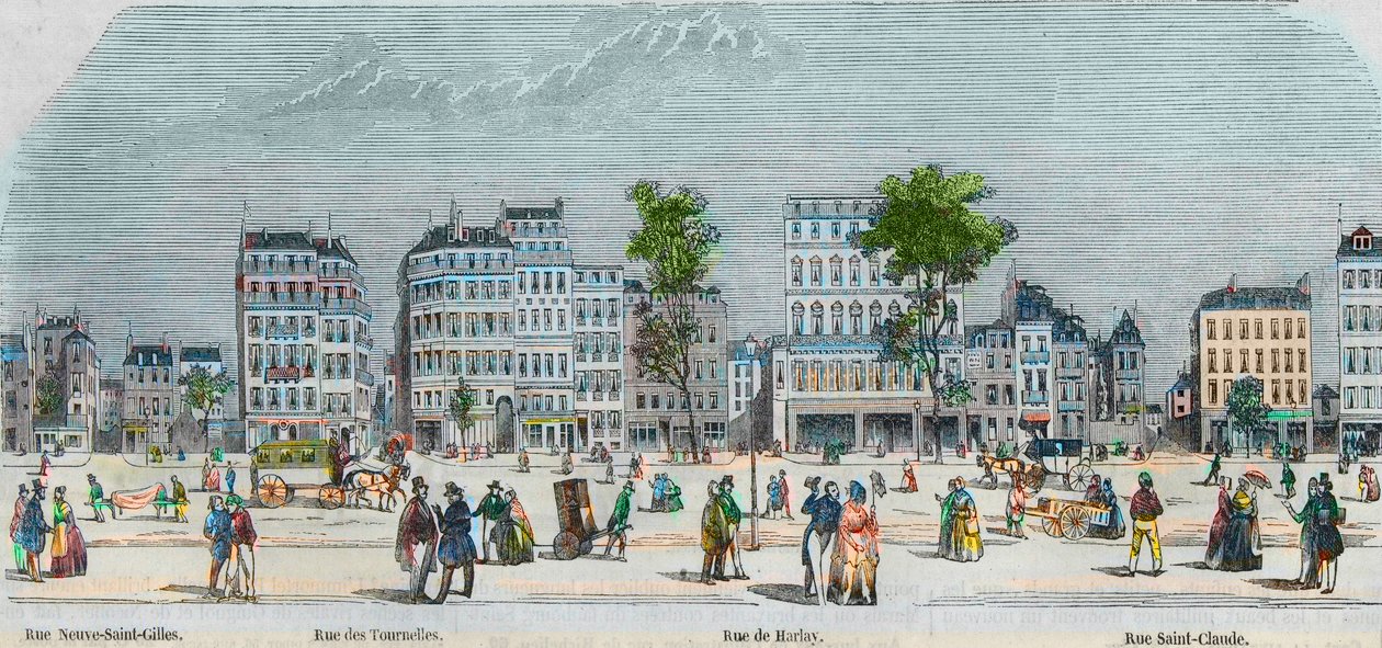 Boulevard Beaumarchais sydside - rue Neuve-Saint-Gilles - rue des Tournelles - rue de Harlay - rue Saint-Claude - Indgravering i "Tableau-de-Paris" af Edmond Texier 1852 af French School