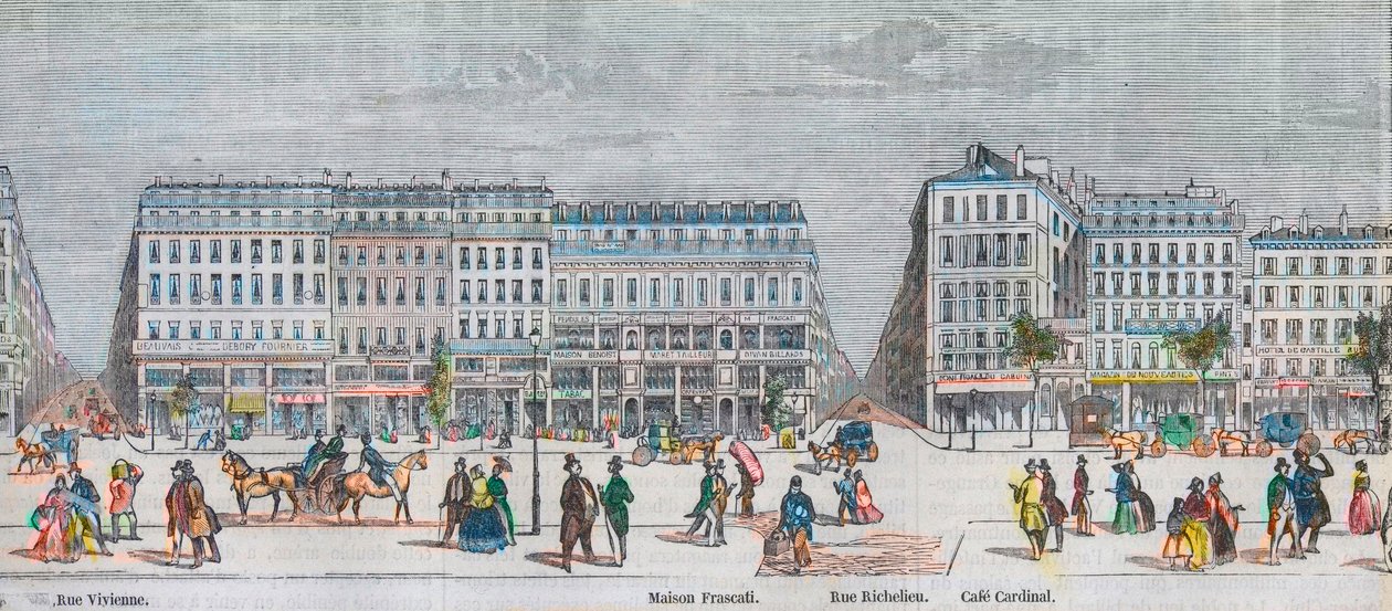 Boulevard Montmartre på sydsiden og boulevard des Italiens på sydsiden - Rue Vivienne - Maison Frascati - Rue Richelieu - Cafe Cardinal - Indgravering i "Tableau-de-Paris" af Edmond Texier 1852 af French School