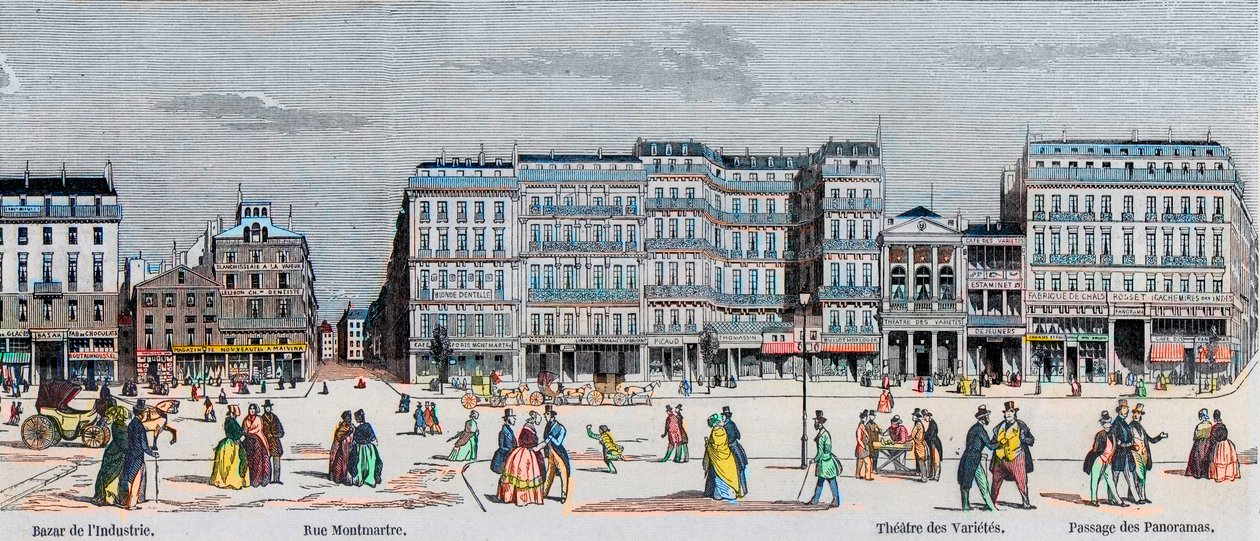 Boulevard Poissonniere og Boulevard Montmartre - industribasar - Rue Montmartre - Theatre des Varietes og passage des Panoramas - Indgravering i "Tableau-de-Paris" af Edmond Texier 1852 af French School