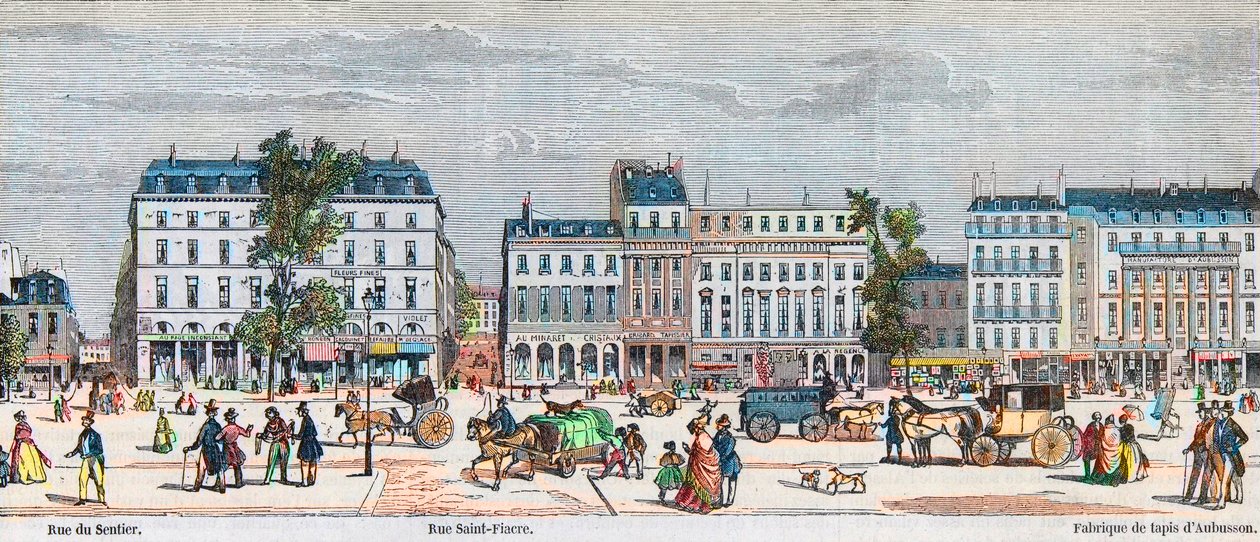 Boulevard Poissonniere sydside - Rue du Sentier - Rue Saint Fiacre - Indgravering i "Tableau-de-Paris" af Edmond Texier 1852 af French School