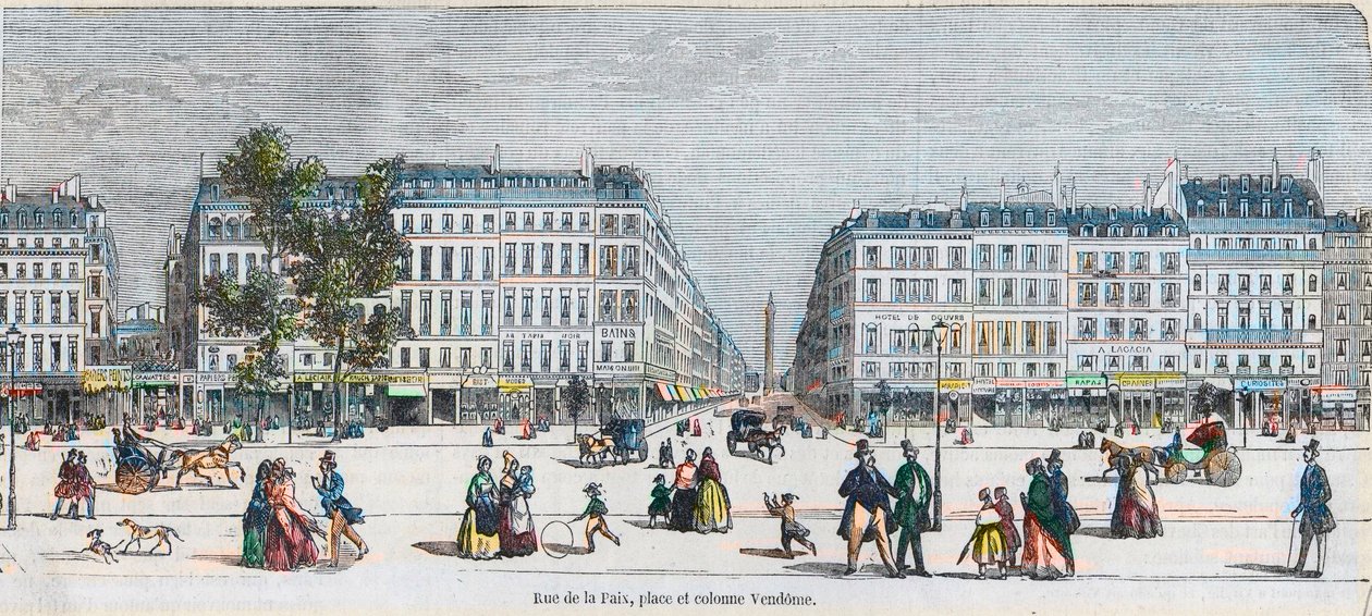 Boulevard des Capucines (Sydkysten) - Rue de la Paix, sted og Vendome-søjle - Indgravering i "Tableau-de-Paris" af Edmond Texier 1852 af French School