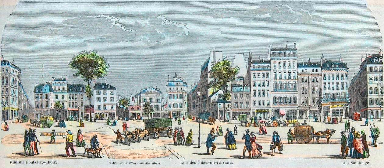 Boulevard des Filles du Calvaire og Boulevard du Temple - Rue Pont aux Choux - Rue des Filles-du-Calvaire - Rue Saintonge - Indgraveret i "Tableau-de-Paris" af Edmond Texier 1852 af French School