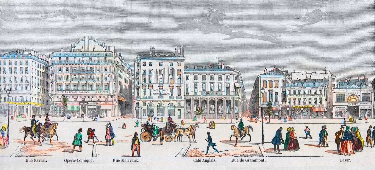 Boulevard des Italiens sydside - Rue Favart - Opera comique - Rue Marivaux - Engelsk cafe - Rue Grammont - Bazaar - Indgravering i "Tableau-de-Paris"" af Edmond Texier 1852 af French School